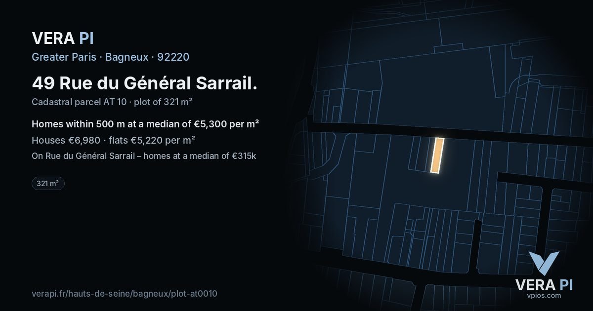 49 Rue du Général Sarrail, Bagneux at night – the plot lit, the parcels around coloured by the prices near them