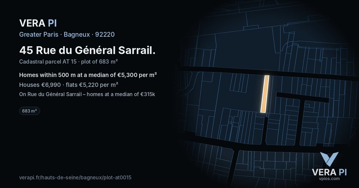 45 Rue du Général Sarrail, Bagneux at night – the plot lit, the parcels around coloured by the prices near them