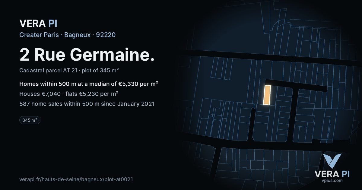 2 Rue Germaine, Bagneux at night – the plot lit, the parcels around coloured by the prices near them