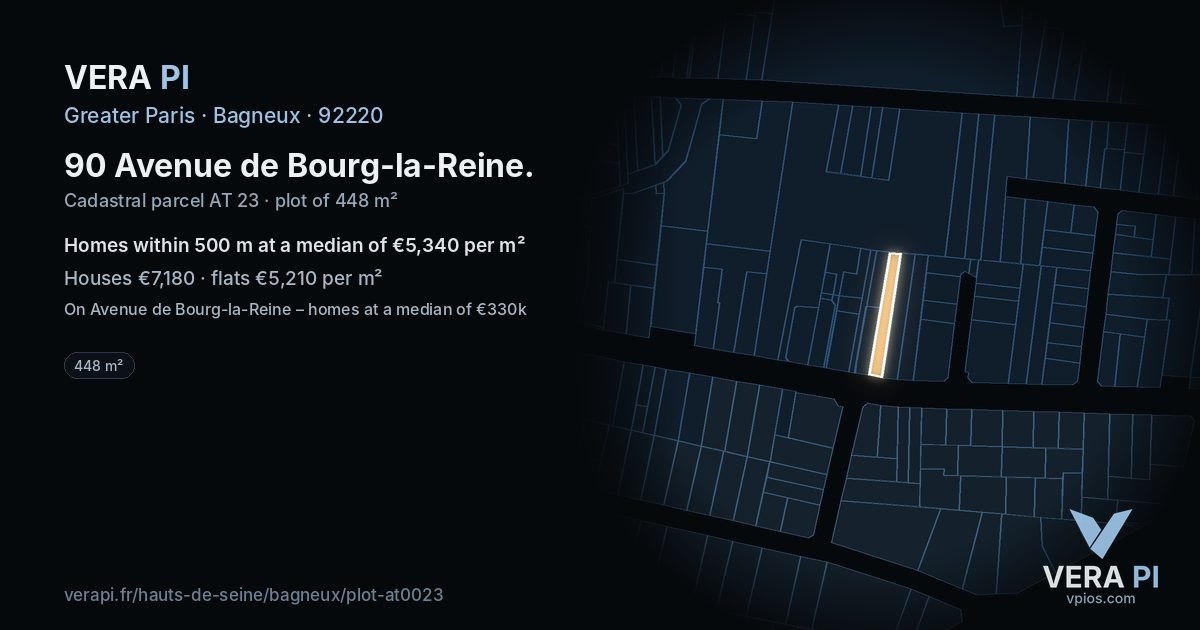 90 Avenue de Bourg-la-Reine, Bagneux at night – the plot lit, the parcels around coloured by the prices near them
