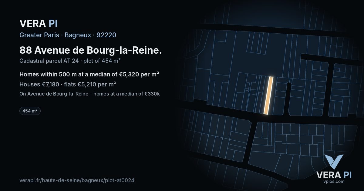 88 Avenue de Bourg-la-Reine, Bagneux at night – the plot lit, the parcels around coloured by the prices near them