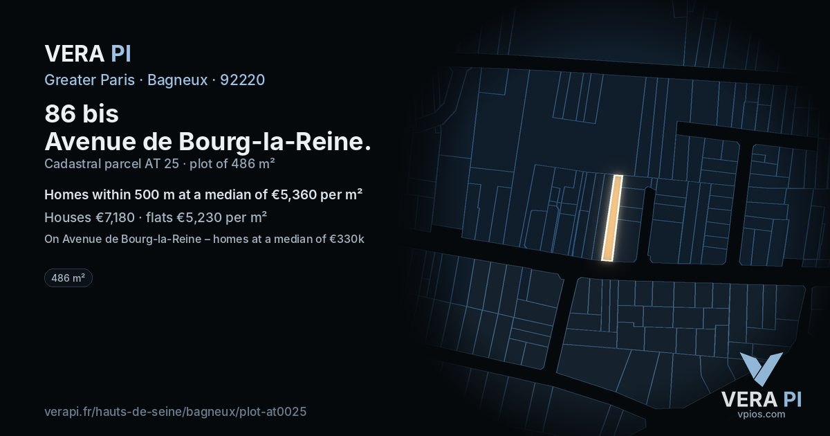 86 bis Avenue de Bourg-la-Reine, Bagneux at night – the plot lit, the parcels around coloured by the prices near them