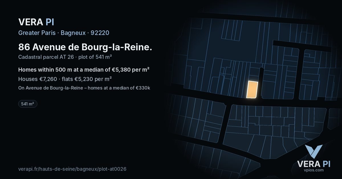 86 Avenue de Bourg-la-Reine, Bagneux at night – the plot lit, the parcels around coloured by the prices near them