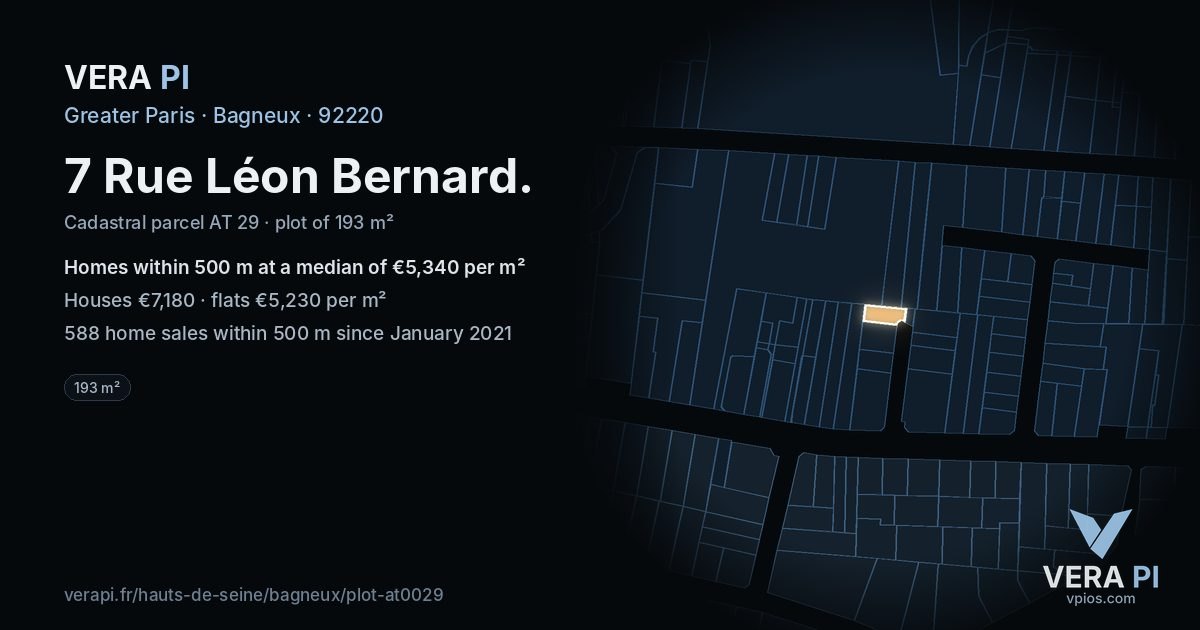 7 Rue Léon Bernard, Bagneux at night – the plot lit, the parcels around coloured by the prices near them