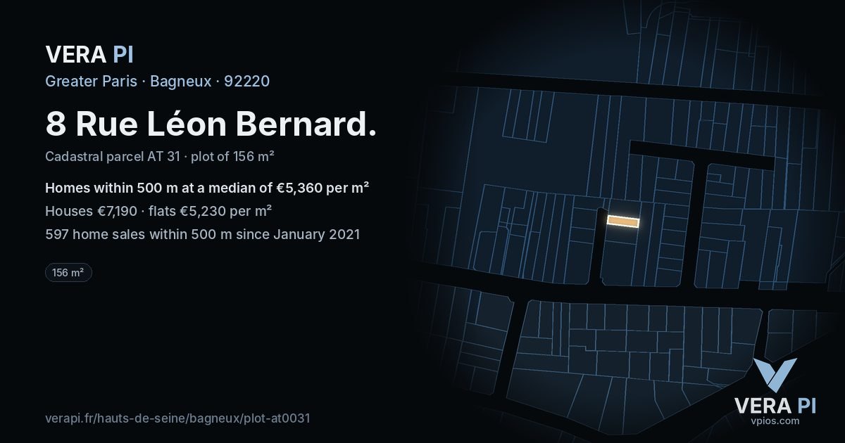 8 Rue Léon Bernard, Bagneux at night – the plot lit, the parcels around coloured by the prices near them
