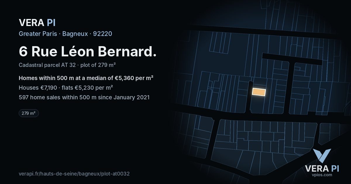 6 Rue Léon Bernard, Bagneux at night – the plot lit, the parcels around coloured by the prices near them