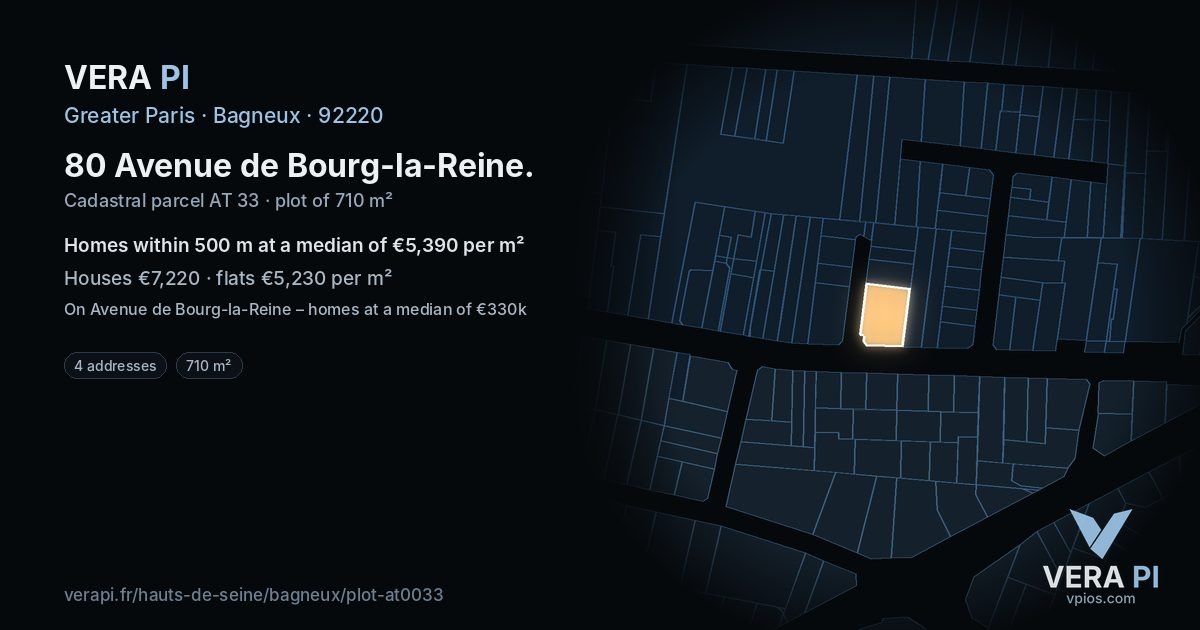 80 Avenue de Bourg-la-Reine, Bagneux at night – the plot lit, the parcels around coloured by the prices near them
