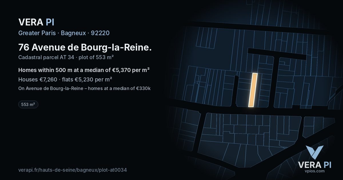 76 Avenue de Bourg-la-Reine, Bagneux at night – the plot lit, the parcels around coloured by the prices near them
