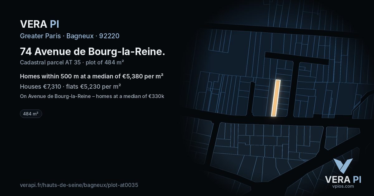 74 Avenue de Bourg-la-Reine, Bagneux at night – the plot lit, the parcels around coloured by the prices near them