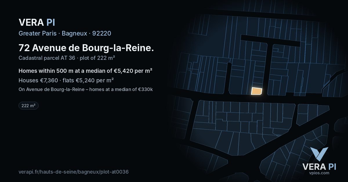72 Avenue de Bourg-la-Reine, Bagneux at night – the plot lit, the parcels around coloured by the prices near them