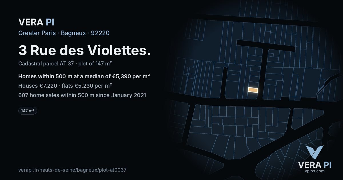 3 Rue des Violettes, Bagneux at night – the plot lit, the parcels around coloured by the prices near them