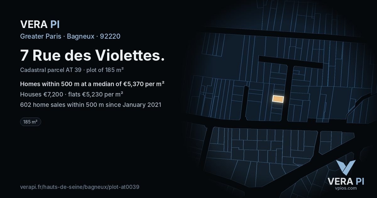 7 Rue des Violettes, Bagneux at night – the plot lit, the parcels around coloured by the prices near them