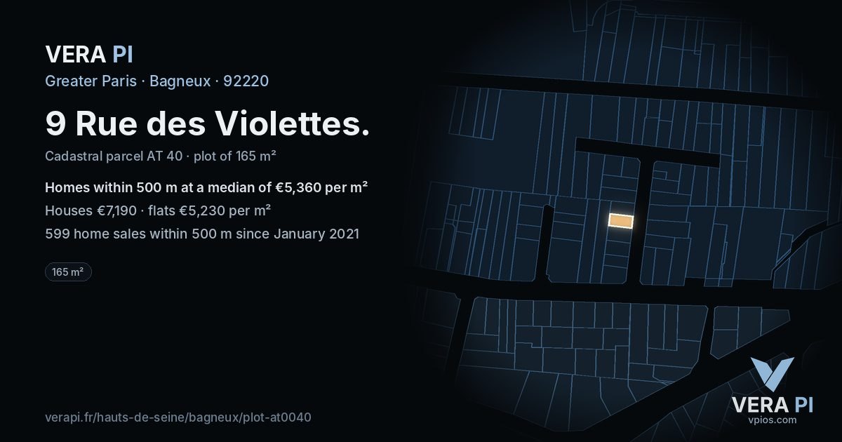 9 Rue des Violettes, Bagneux at night – the plot lit, the parcels around coloured by the prices near them