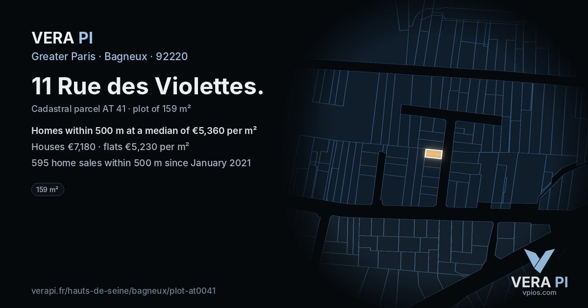 11 Rue des Violettes, Bagneux at night – the plot lit, the parcels around coloured by the prices near them