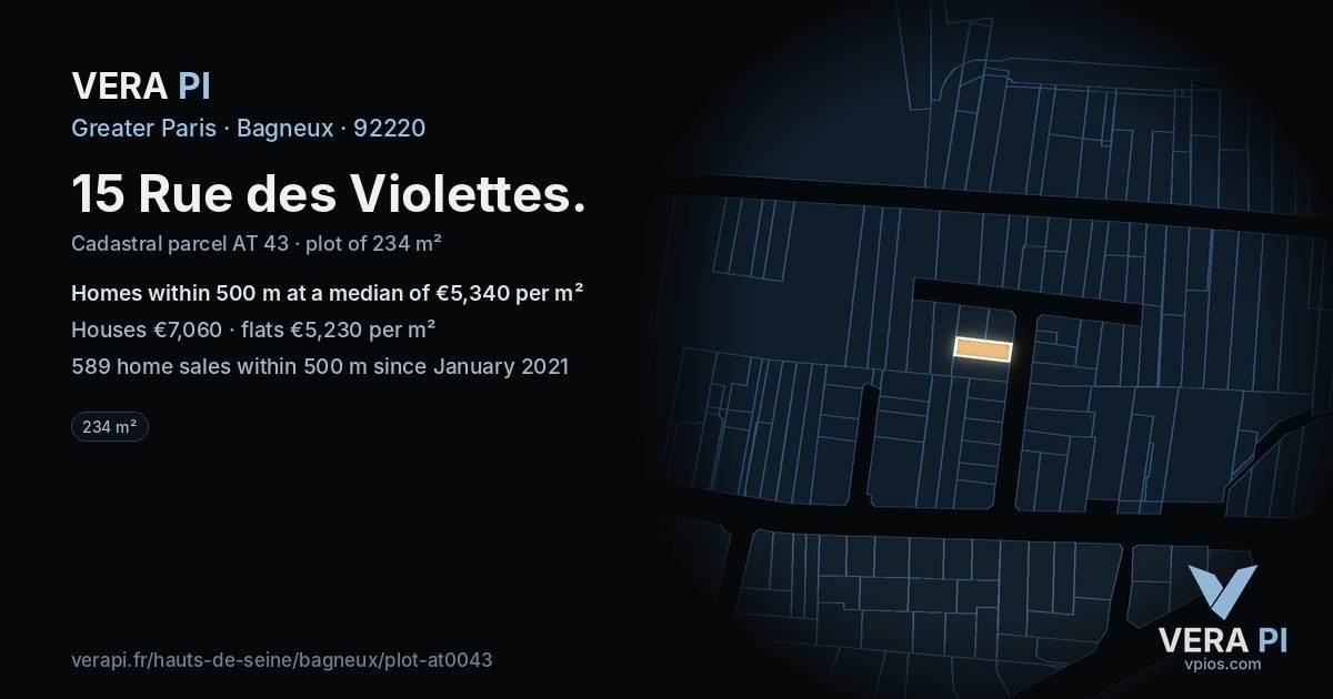 15 Rue des Violettes, Bagneux at night – the plot lit, the parcels around coloured by the prices near them
