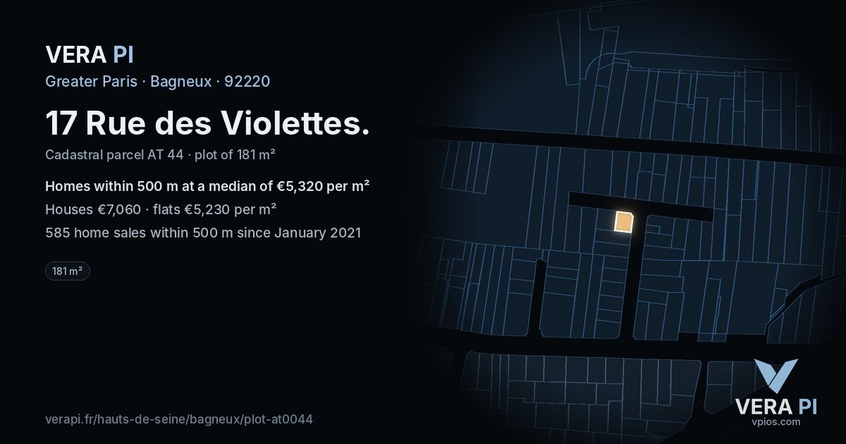 17 Rue des Violettes, Bagneux at night – the plot lit, the parcels around coloured by the prices near them
