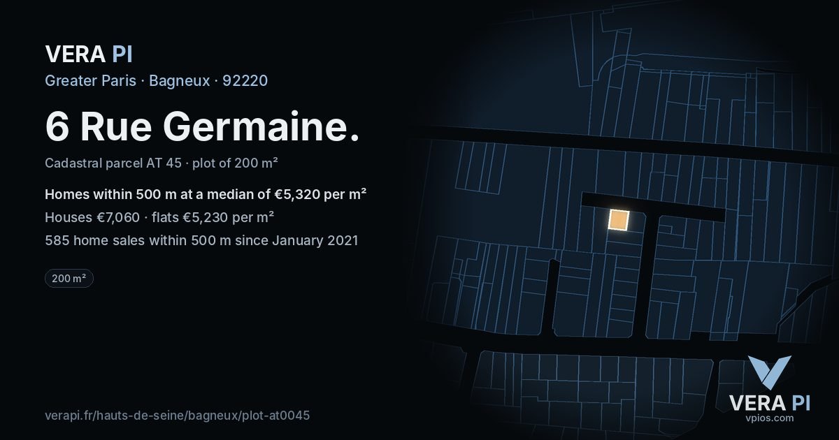 6 Rue Germaine, Bagneux at night – the plot lit, the parcels around coloured by the prices near them
