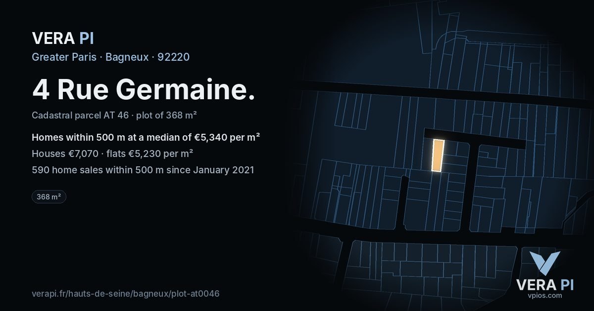 4 Rue Germaine, Bagneux at night – the plot lit, the parcels around coloured by the prices near them