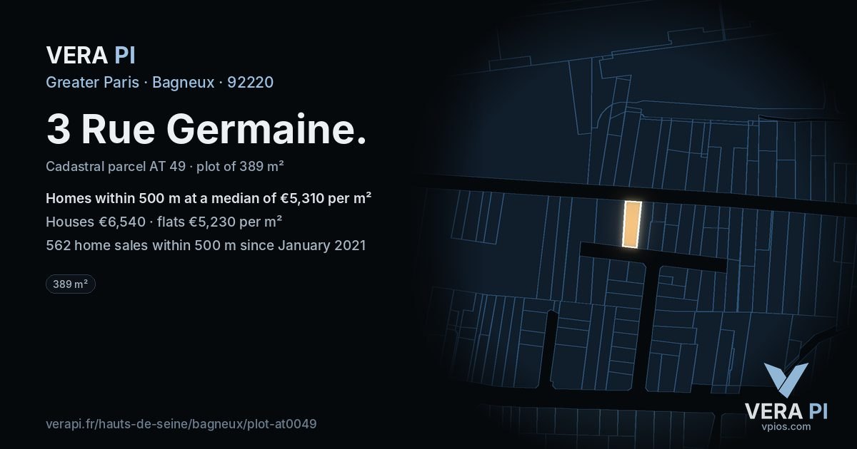 3 Rue Germaine, Bagneux at night – the plot lit, the parcels around coloured by the prices near them