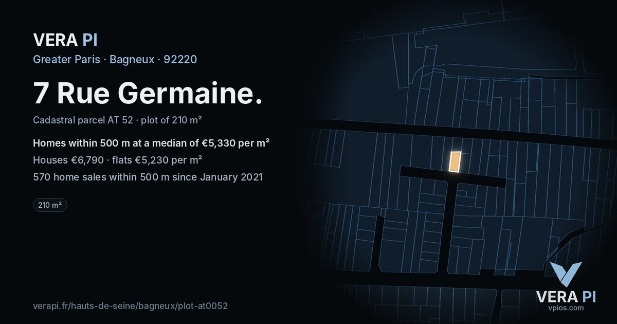 7 Rue Germaine, Bagneux at night – the plot lit, the parcels around coloured by the prices near them