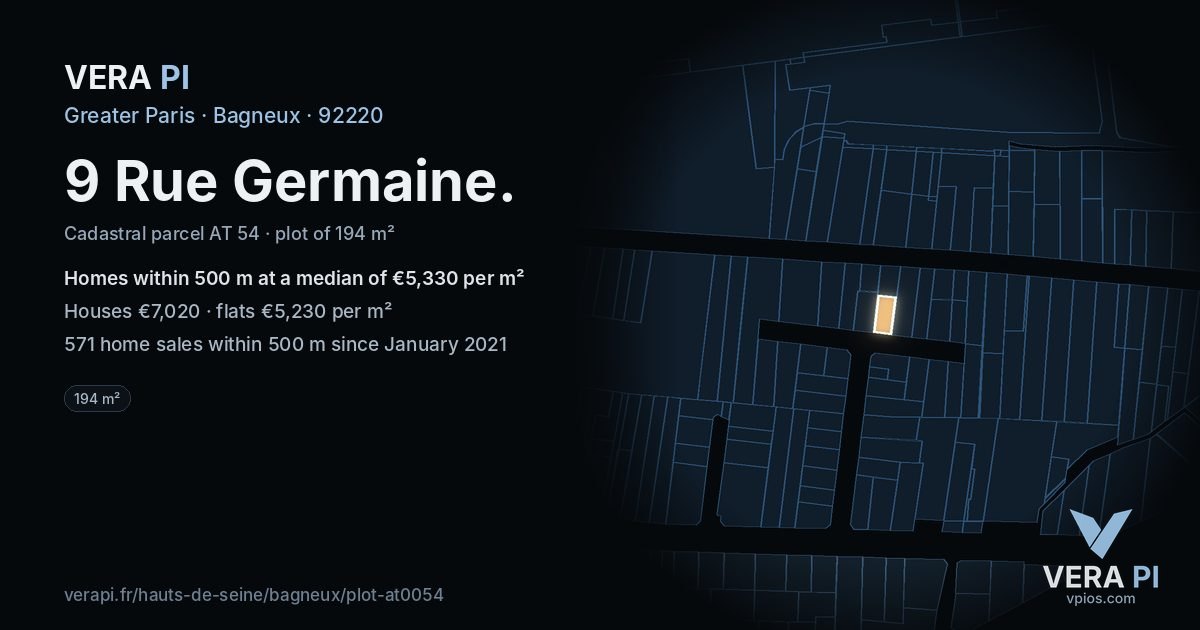 9 Rue Germaine, Bagneux at night – the plot lit, the parcels around coloured by the prices near them