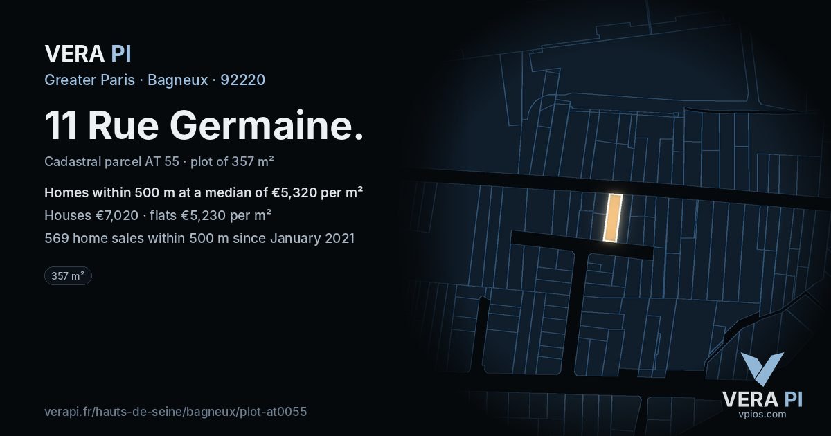 11 Rue Germaine, Bagneux at night – the plot lit, the parcels around coloured by the prices near them