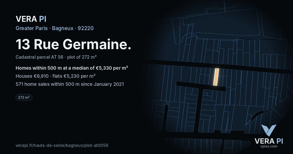 13 Rue Germaine, Bagneux at night – the plot lit, the parcels around coloured by the prices near them