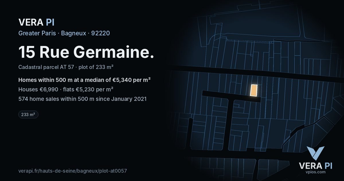 15 Rue Germaine, Bagneux at night – the plot lit, the parcels around coloured by the prices near them