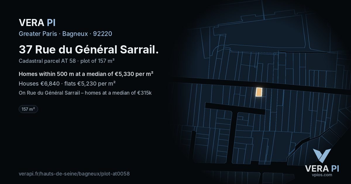37 Rue du Général Sarrail, Bagneux at night – the plot lit, the parcels around coloured by the prices near them