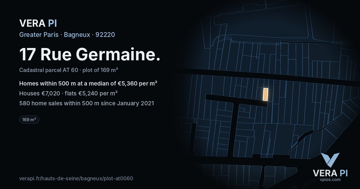 17 Rue Germaine, Bagneux at night – the plot lit, the parcels around coloured by the prices near them