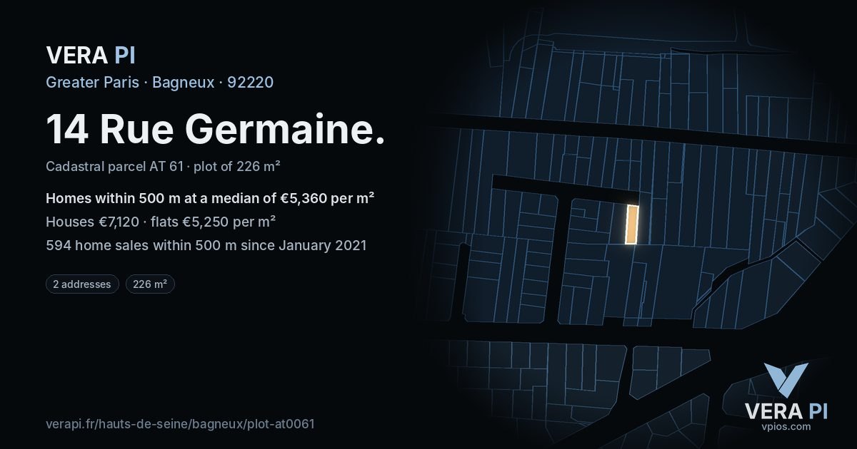 14 Rue Germaine, Bagneux at night – the plot lit, the parcels around coloured by the prices near them