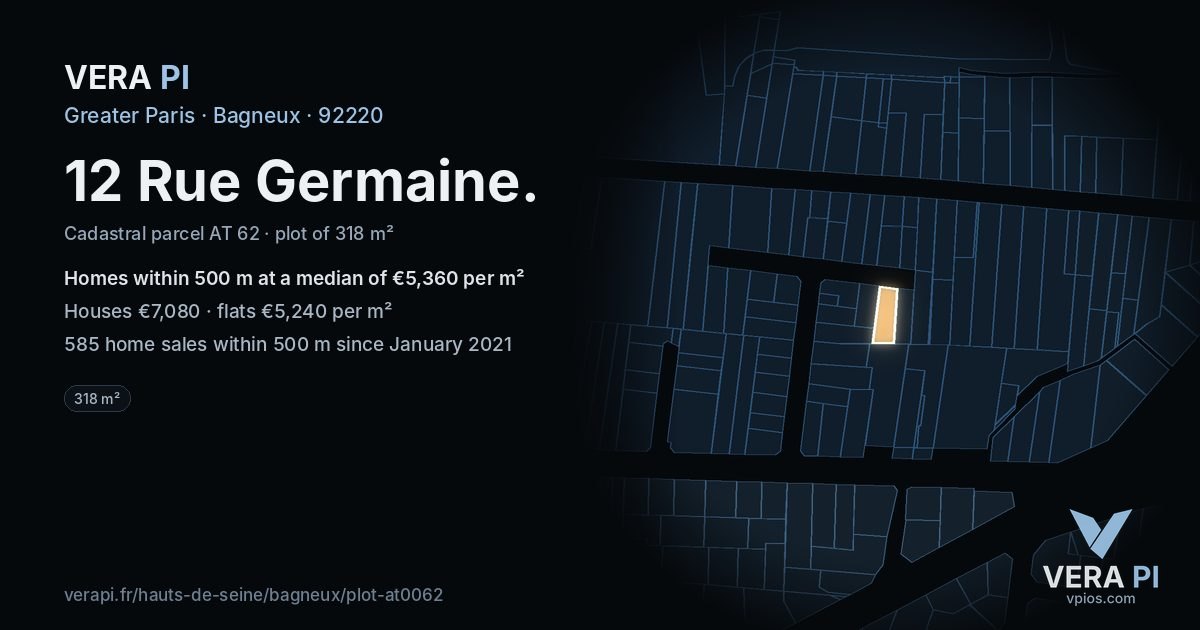 12 Rue Germaine, Bagneux at night – the plot lit, the parcels around coloured by the prices near them