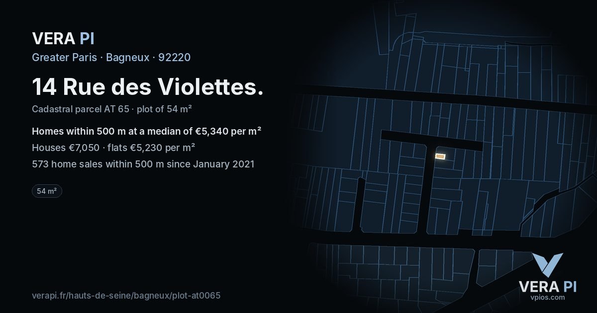 14 Rue des Violettes, Bagneux at night – the plot lit, the parcels around coloured by the prices near them