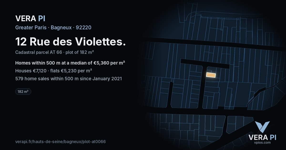 12 Rue des Violettes, Bagneux at night – the plot lit, the parcels around coloured by the prices near them