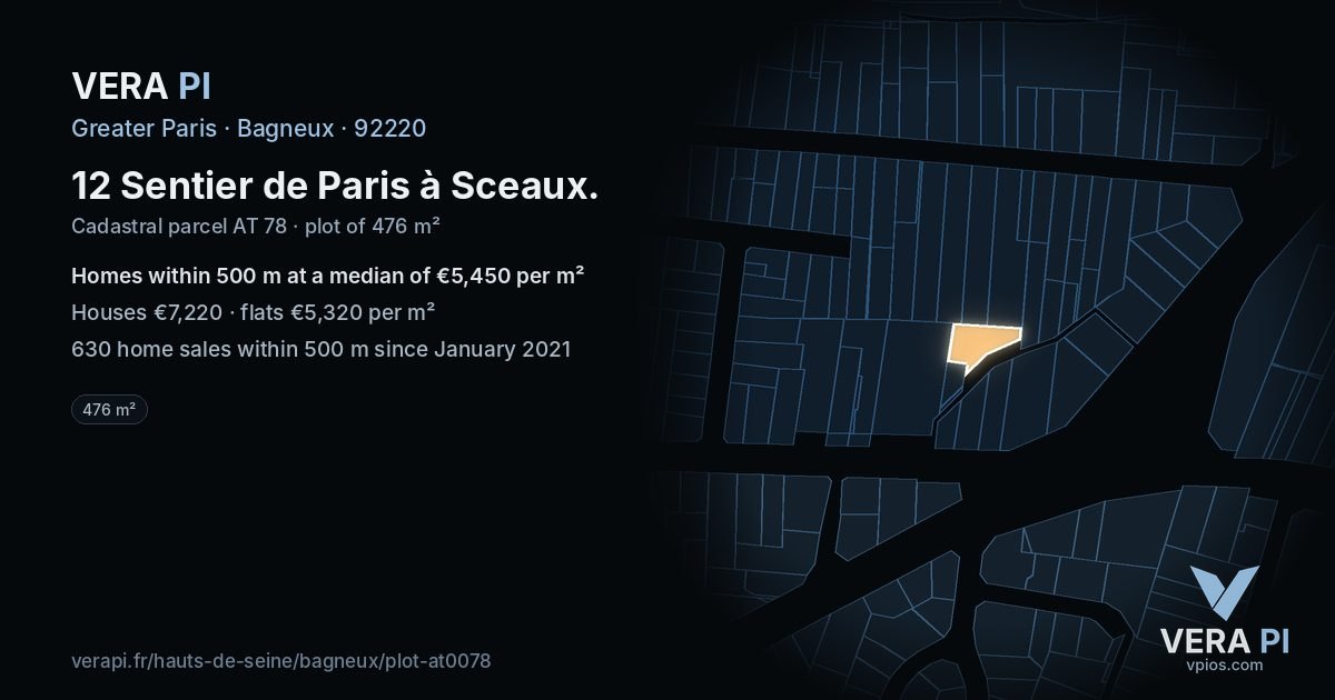 12 Sentier de Paris à Sceaux, Bagneux at night – the plot lit, the parcels around coloured by the prices near them