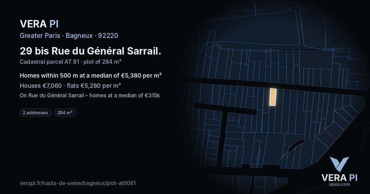 29 bis Rue du Général Sarrail, Bagneux at night – the plot lit, the parcels around coloured by the prices near them