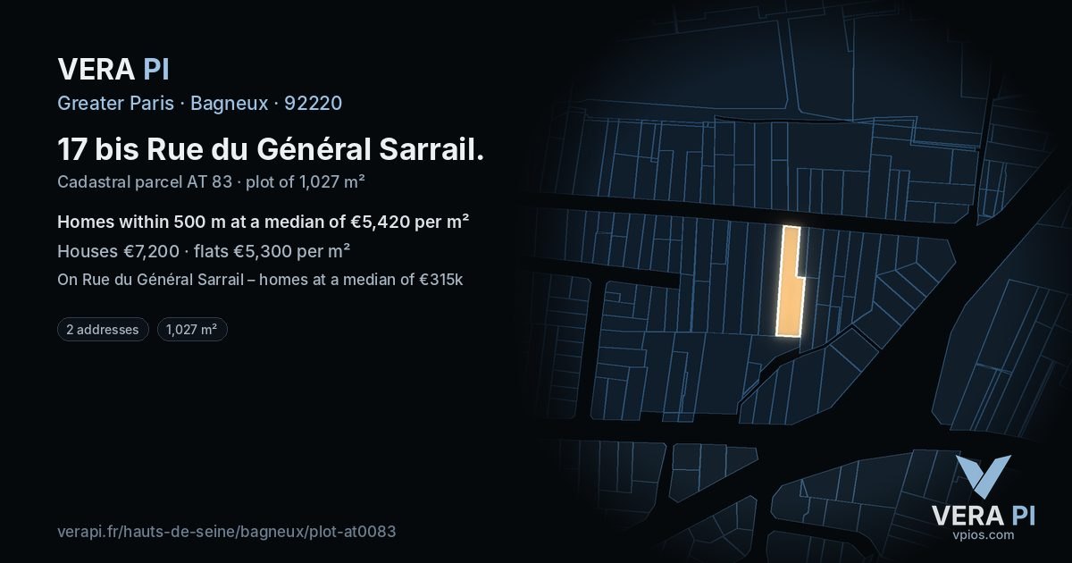 17 bis Rue du Général Sarrail, Bagneux at night – the plot lit, the parcels around coloured by the prices near them