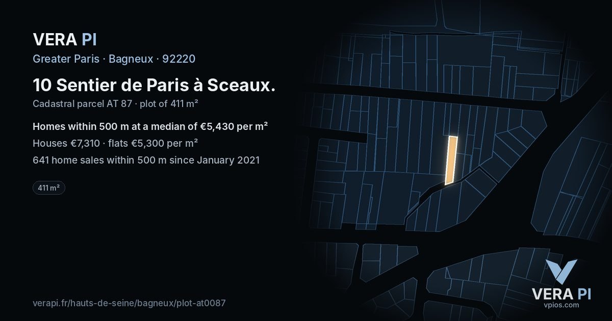 10 Sentier de Paris à Sceaux, Bagneux at night – the plot lit, the parcels around coloured by the prices near them