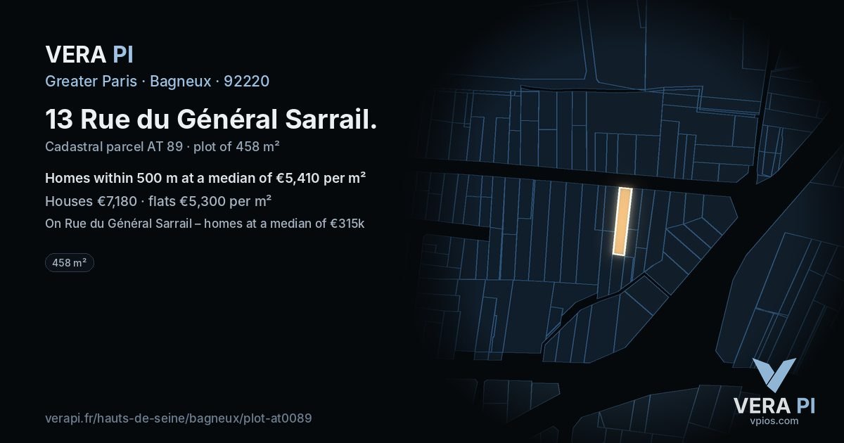 13 Rue du Général Sarrail, Bagneux at night – the plot lit, the parcels around coloured by the prices near them