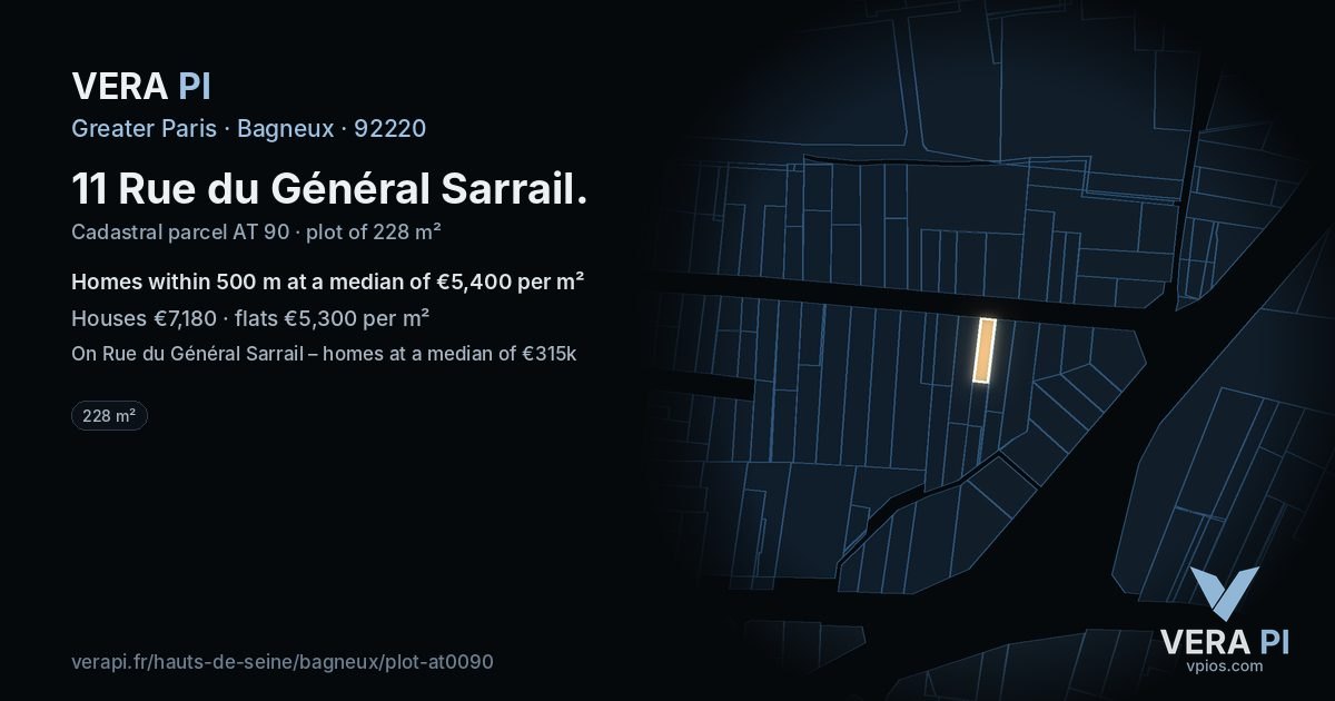 11 Rue du Général Sarrail, Bagneux at night – the plot lit, the parcels around coloured by the prices near them