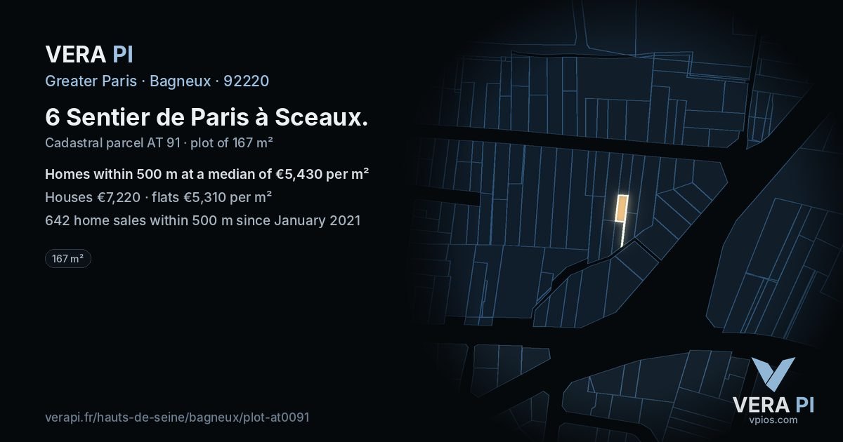 6 Sentier de Paris à Sceaux, Bagneux at night – the plot lit, the parcels around coloured by the prices near them