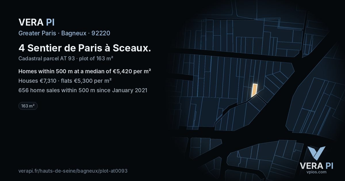 4 Sentier de Paris à Sceaux, Bagneux at night – the plot lit, the parcels around coloured by the prices near them
