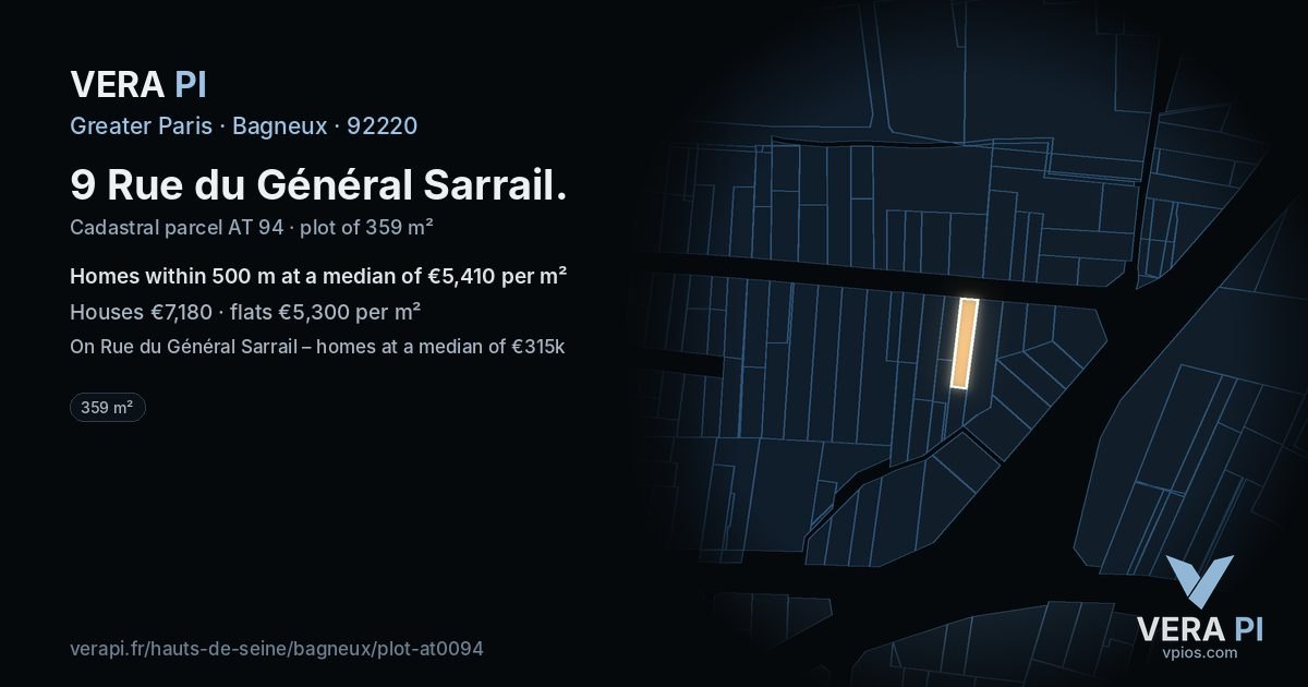 9 Rue du Général Sarrail, Bagneux at night – the plot lit, the parcels around coloured by the prices near them
