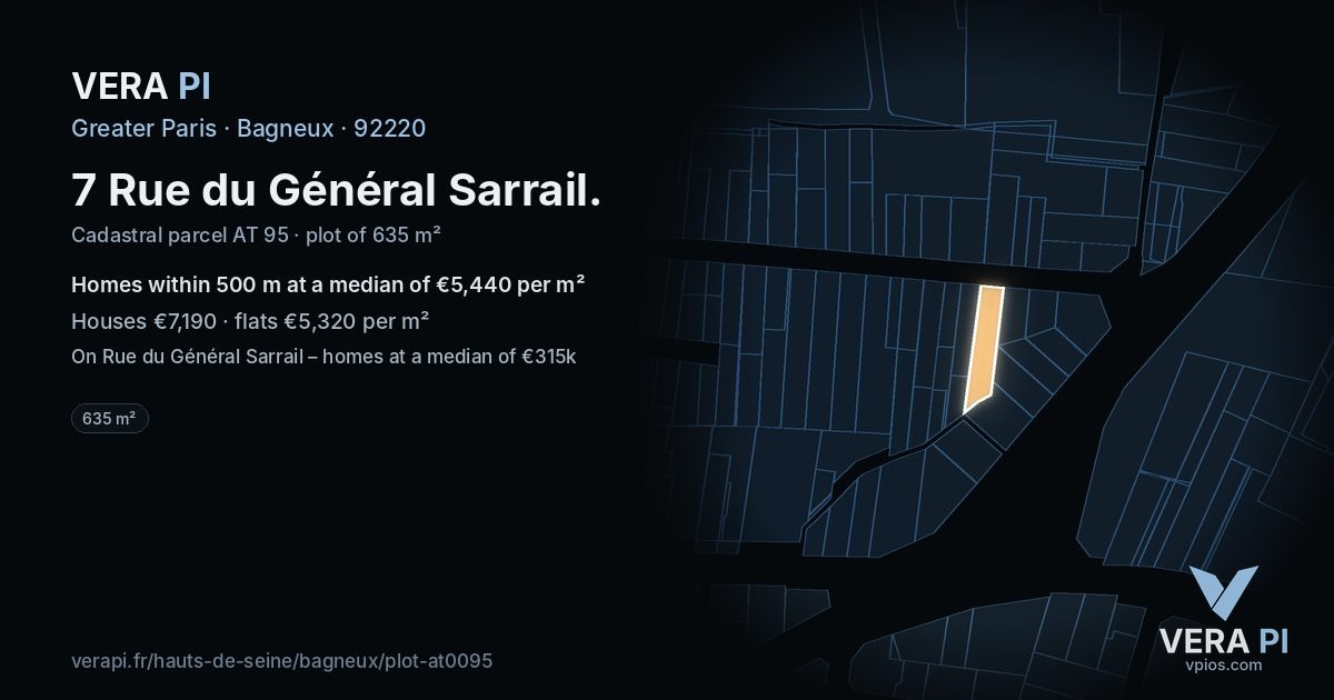 7 Rue du Général Sarrail, Bagneux at night – the plot lit, the parcels around coloured by the prices near them