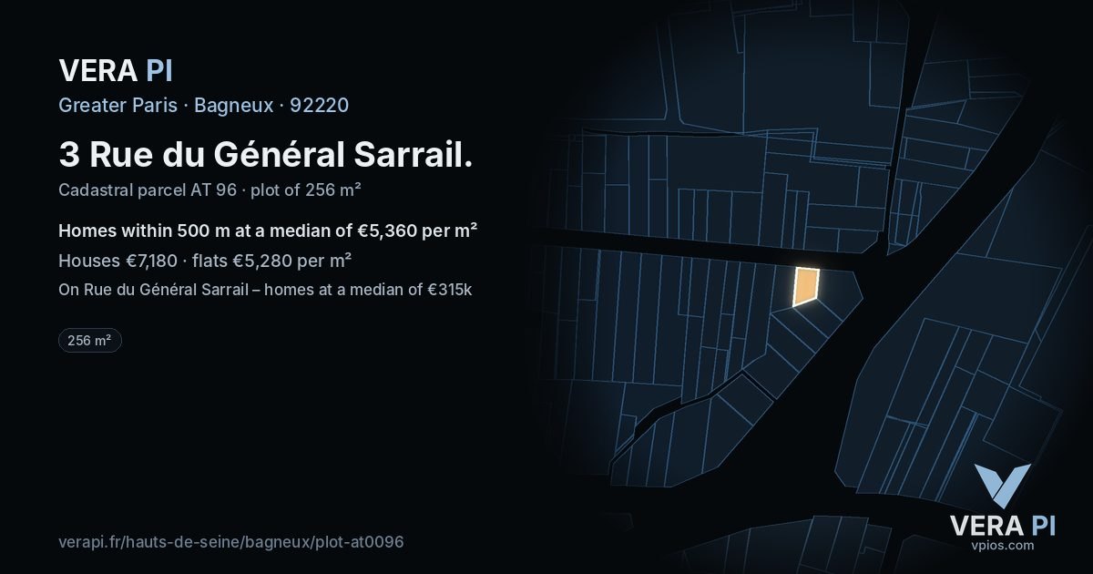 3 Rue du Général Sarrail, Bagneux at night – the plot lit, the parcels around coloured by the prices near them