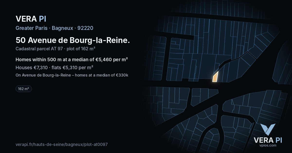 50 Avenue de Bourg-la-Reine, Bagneux at night – the plot lit, the parcels around coloured by the prices near them