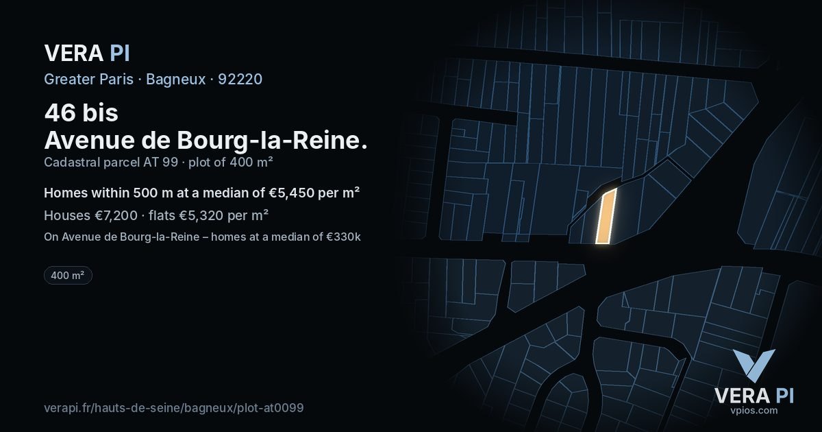 46 bis Avenue de Bourg-la-Reine, Bagneux at night – the plot lit, the parcels around coloured by the prices near them