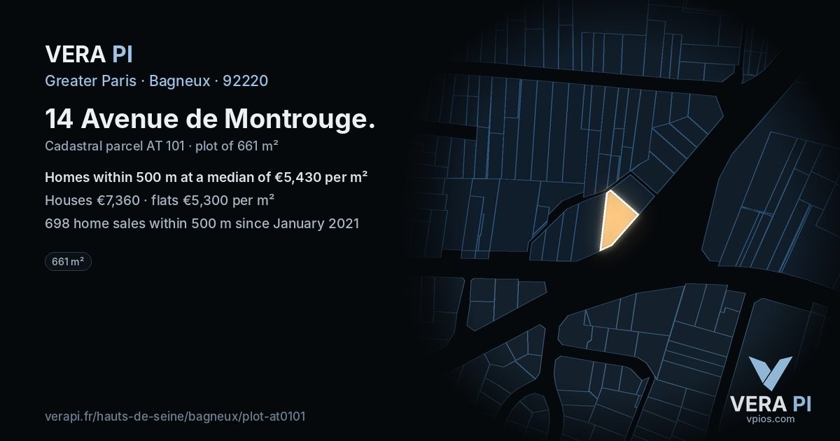 14 Avenue de Montrouge, Bagneux at night – the plot lit, the parcels around coloured by the prices near them