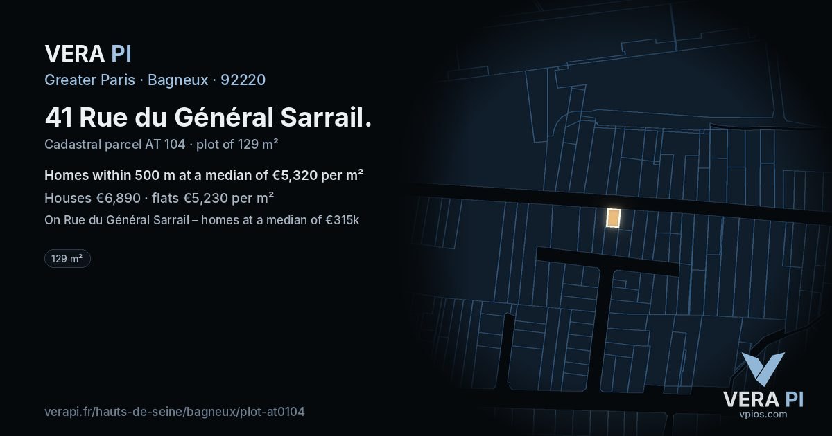 41 Rue du Général Sarrail, Bagneux at night – the plot lit, the parcels around coloured by the prices near them