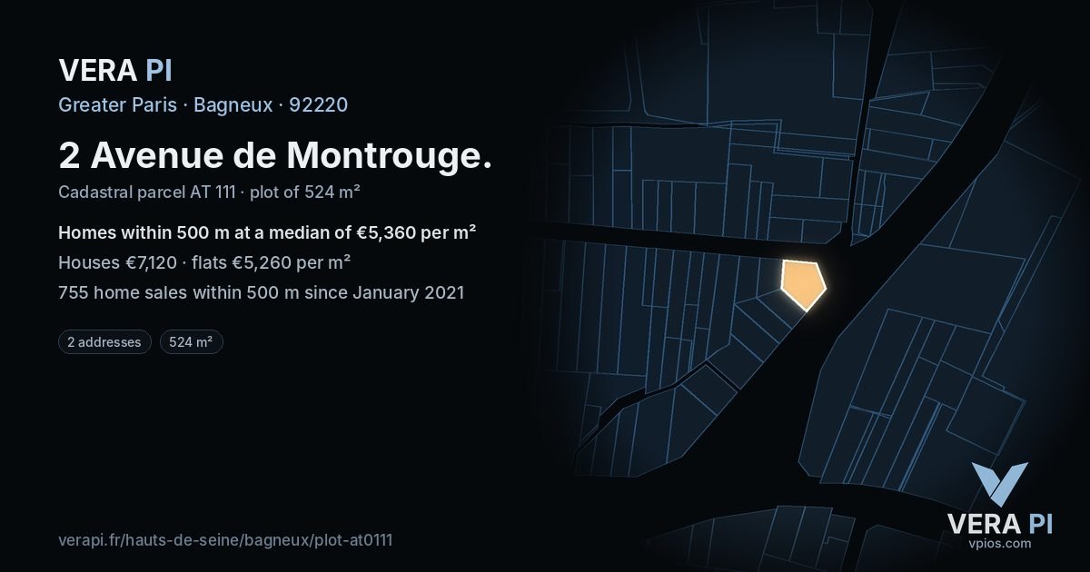 2 Avenue de Montrouge, Bagneux at night – the plot lit, the parcels around coloured by the prices near them